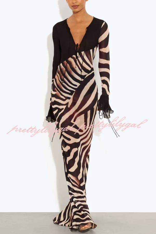 City Night Chiffon Colorblock Animal Print Tie-up Long Sleeve Maxi Dress