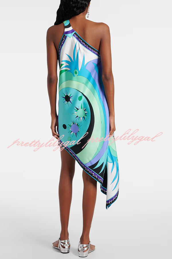 Naughty Lady Satin Unique Print One Shoulder Irregular Hem Vacation Midi Dress