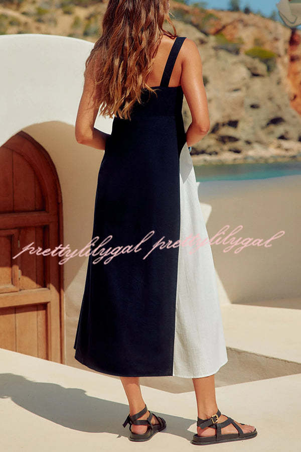 Simple and Stylish Contrast Color Sling Back Smocked Maxi Dress