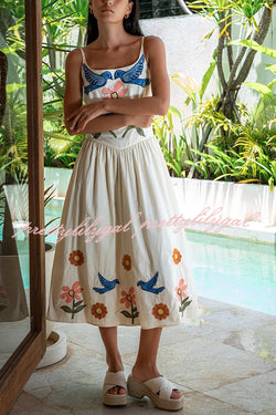 Embroidered Printed Suspenders Pleated Holiday Midi Dress