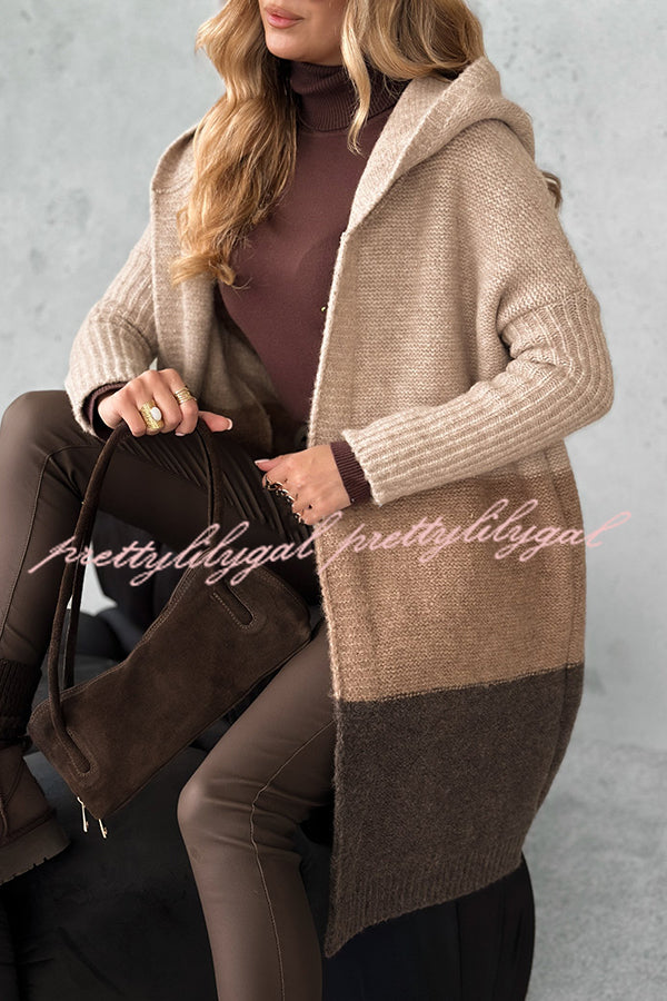 Fashionable Knit Patchwork Color Long-sleeved Hooded Loose Mid-length Cardigan