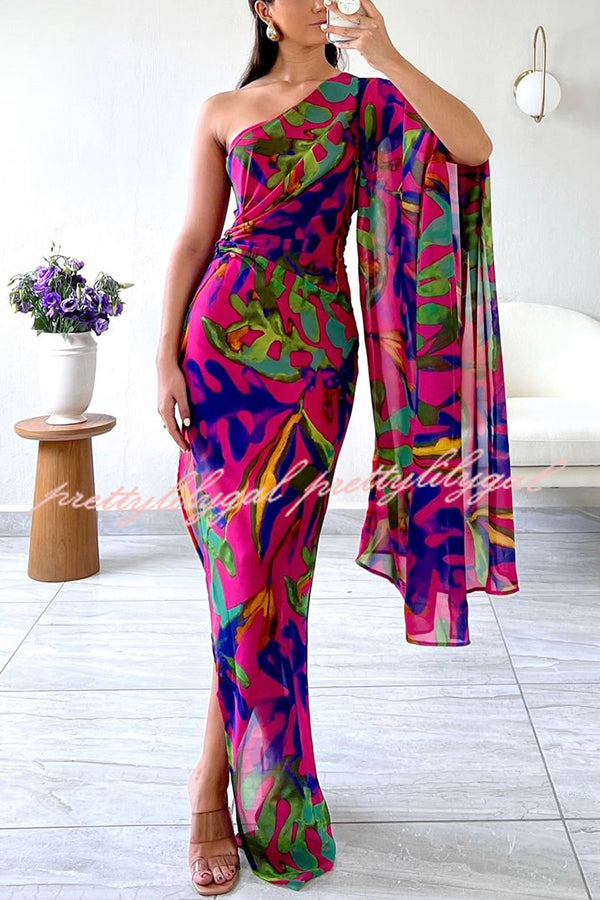 Colorful Printed One-sleeve Slim-fitting Slit Maxi Dress