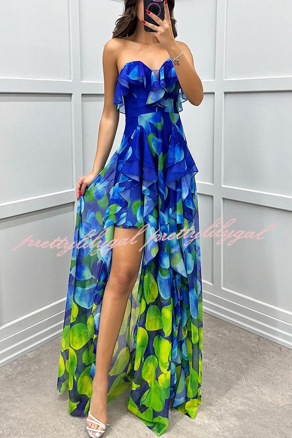 Loving Moment Gradient Unique Print Flowing Layered Ruffles Strapless Slit Maxi Dress