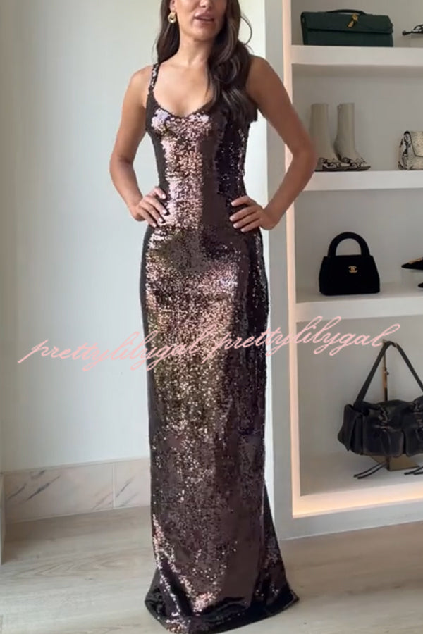 Dazzling Like Flowing Water Sequin V-neck Back Zipper Slit Maxi Dress
