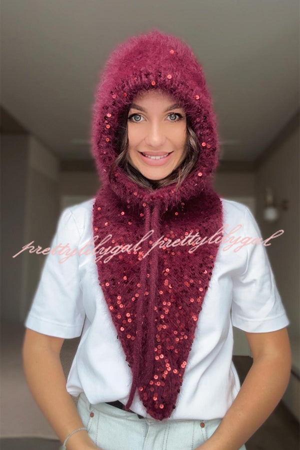 Sequined Drawstring Balaclava Warm Loop Scarf Hat and Gloves