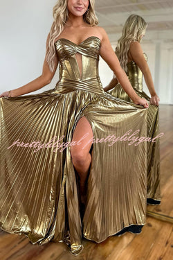 Dazzling Metallic Fabric Cross Strapless Cutout Slit Pleated Maxi Dress