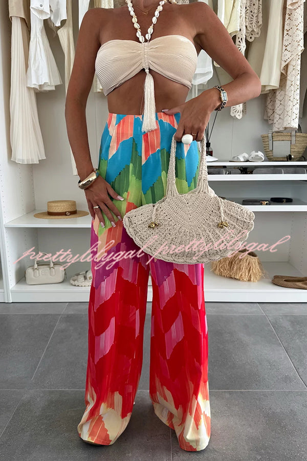 Welcome To Summer Shell Tassel Halter Stretch Bra and Colorful High Rise Wide Leg Pants Set
