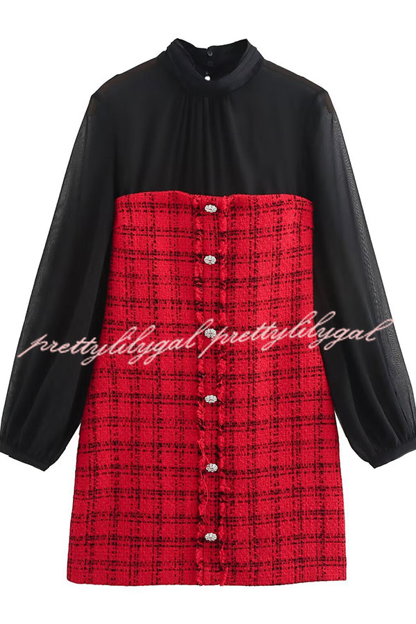 Festive Elegance Tulle Plaid Tweed Patchwork Balloon Sleeve Mini Dress