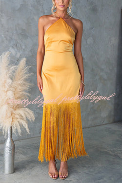 Party Queen Satin Halterneck Backless Fringe Hem Maxi Dress