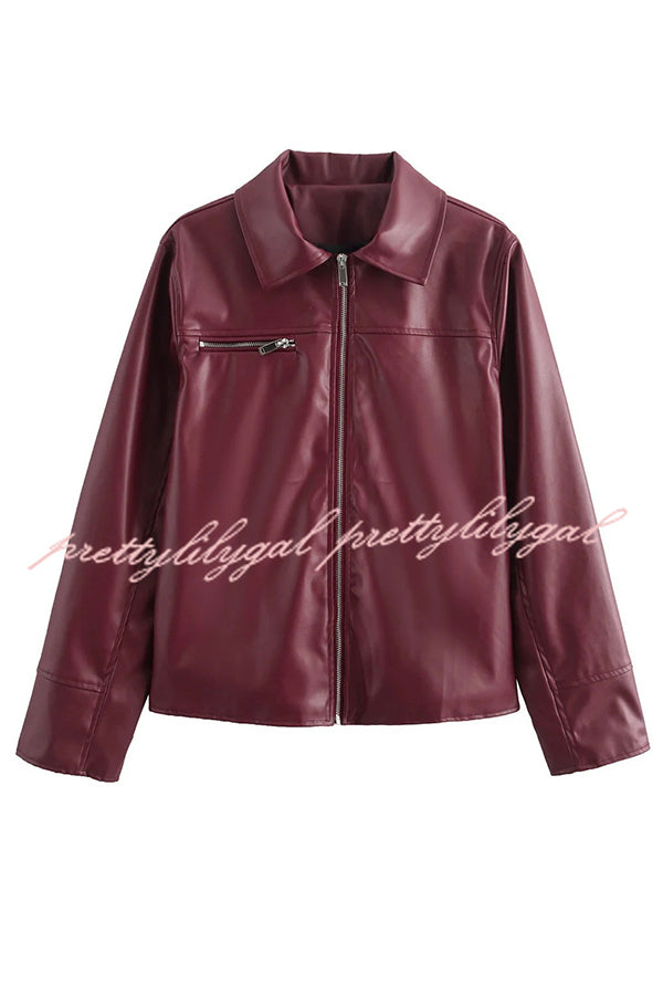 Fashion Lapel Long Sleeve Pocket Zipper Leather Jacket