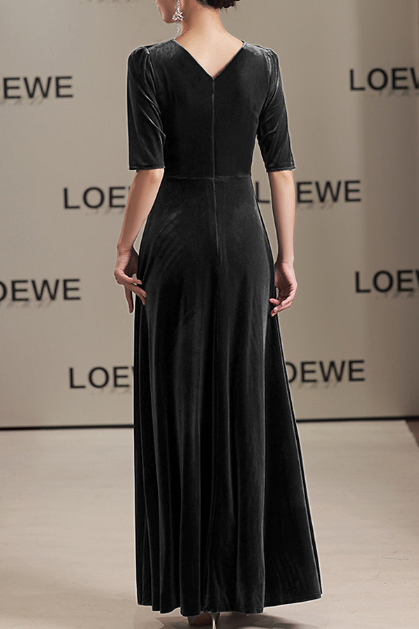 Solid Color Velvet V-neck Fitted Waist Short Sleeve Elegant Maxi Dress