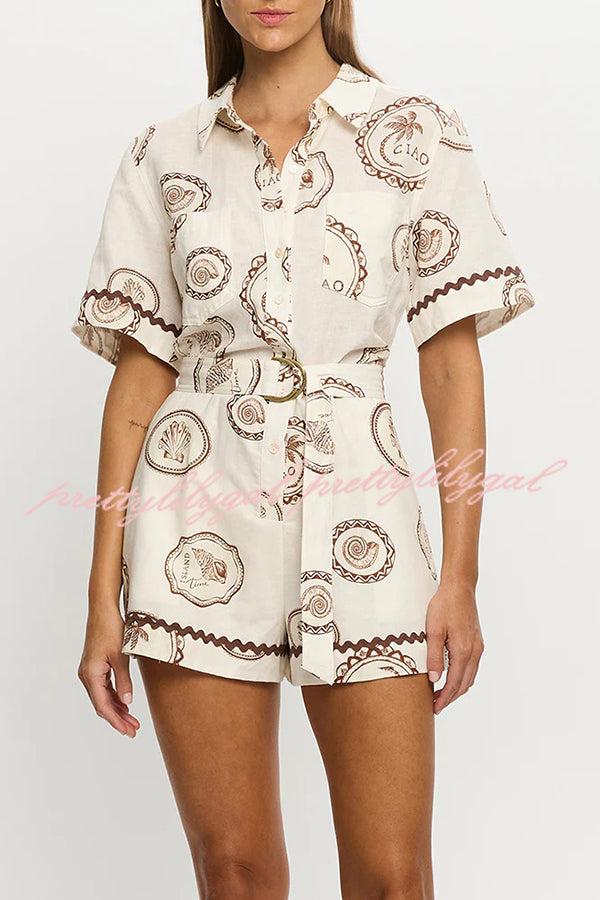 Resort Style Print Lapel Short Sleeves Casual Pocket Waist Tie Loose Rompers