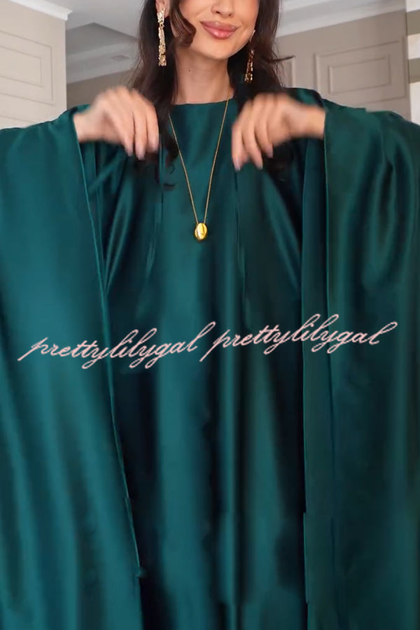 Dignified and Elegant Satin Batwing Sleeve with Waist Tie Design A-line Maxi Dress