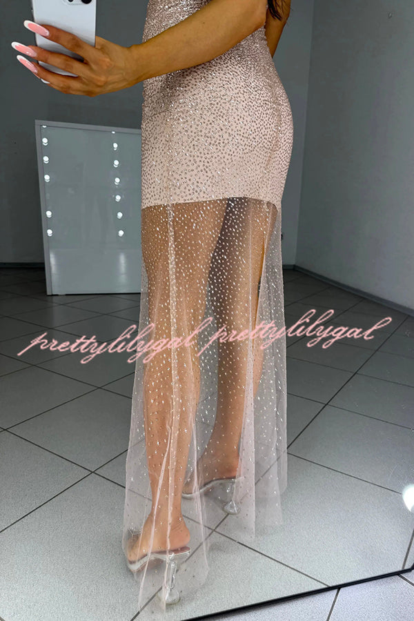 Olivia See-through Mesh Sequin Fabric Warp V-neck Party Maxi Dress
