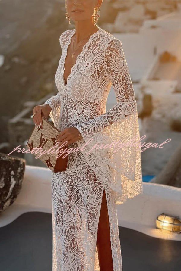 Dream Love Floral Lace Bell Sleeve V-neck Slit Maxi Dress