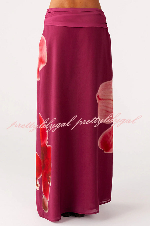 Sexy Deep V Backless Draped Camisole Top and Floral Print Chiffon Maxi Skirt Set