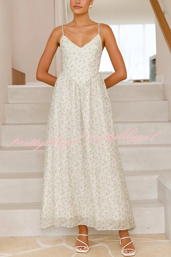 Floral Print V-Neck Sleeveless Back Tie Pocket Maxi Dress