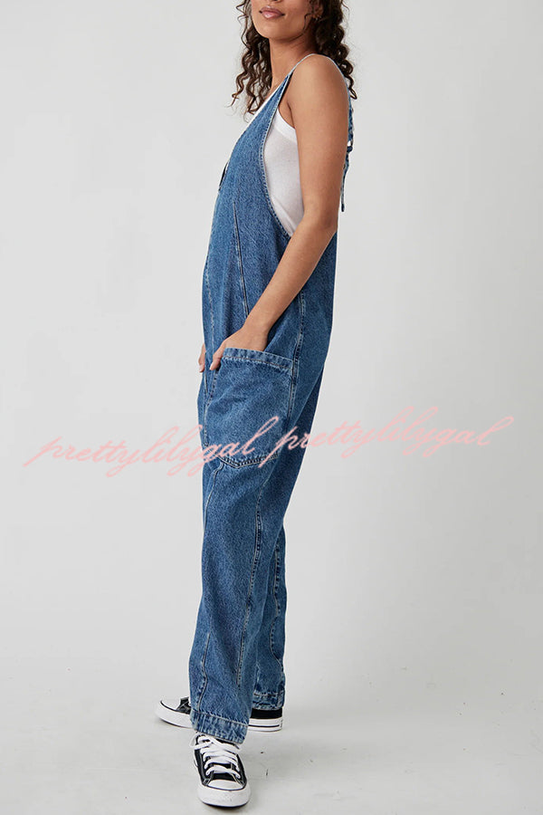 Pocket V Neck Suspender Denim Jumpsuit