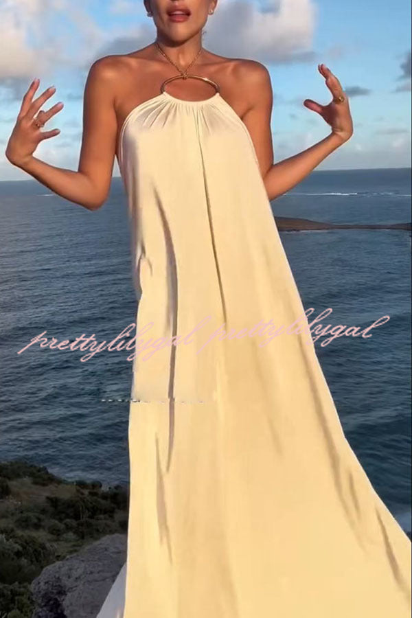 Ocean Goddess Metal Circular Chain Halter Backless Vacation A-line Maxi Dress