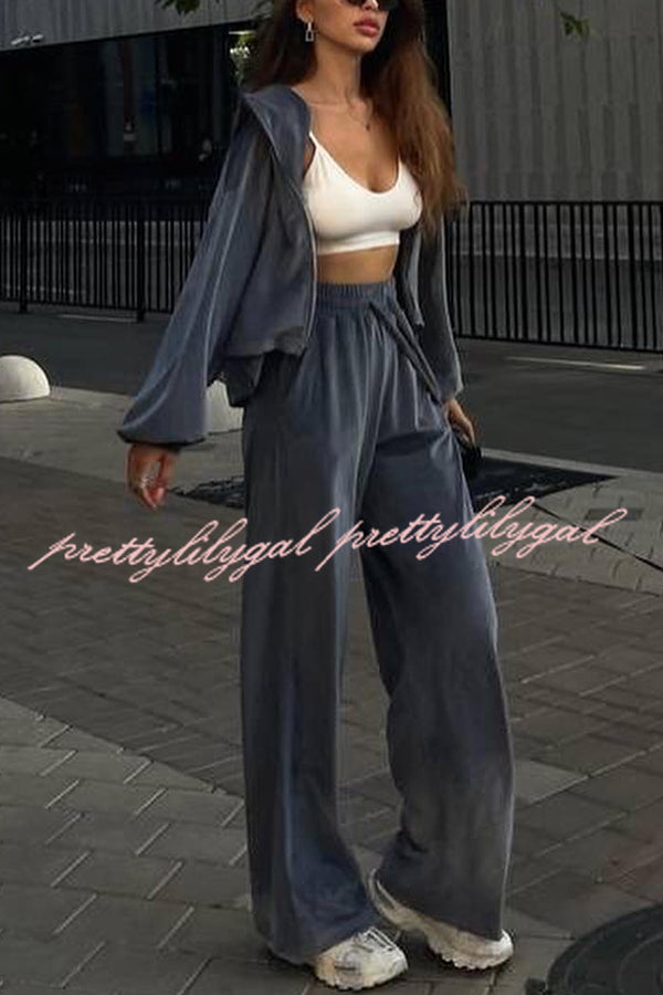 Velvet Casual Zip-up Hooded Top and Elastic Waist Wide Leg Pants Set