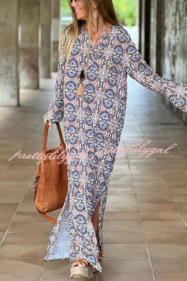 Unique Printed Long Sleeve V-neck Loose Maxi Dress