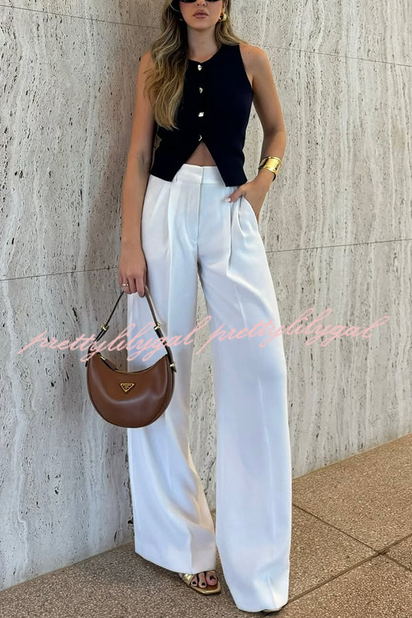 Solid Color Waist Pocket Loose Wide Leg Pants