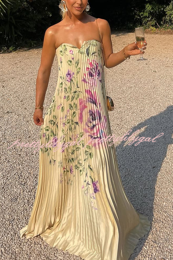 For Every Occasion Satin Pleated Floral Print V-wire Bandeau Neck Maxi Dress