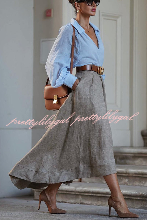 Caught A Vibe Linen Blend Back Elastic Waist Pocketed High Low Maxi Skirt