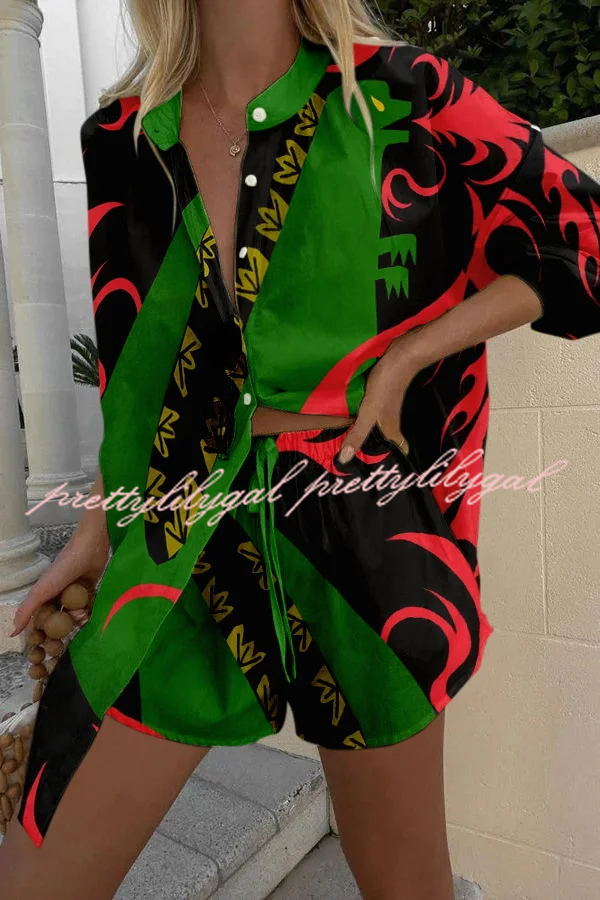 Fire Breathing Dinosaur Print Button Up Lace Up Shorts Set