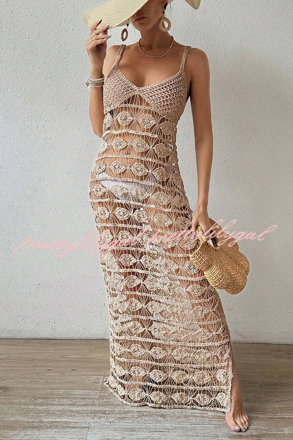 Sexy Sleeveless Sling Hollow Knit Cover-up Maxi Dress