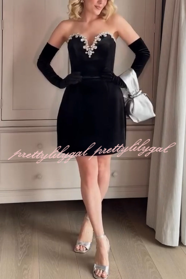 Ines Luxurious Velvet Jewel-encrusted Sweetheart Off Shoulder Neck Tulip Stretch Mini Dress