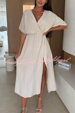 Linen Blend Solid Color V-neck Short Sleeve Waist Loose Slit Midi Dress