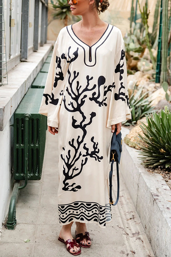 Exotic Locales Satin Unique Print Cutout Neck Wide Sleeve Kaftan Midi Dress