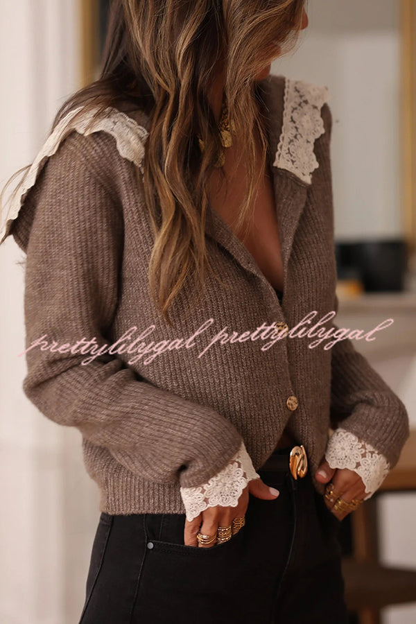 Fashionable Lace-trimmed Sailor Collar Casual Knit Cardigan