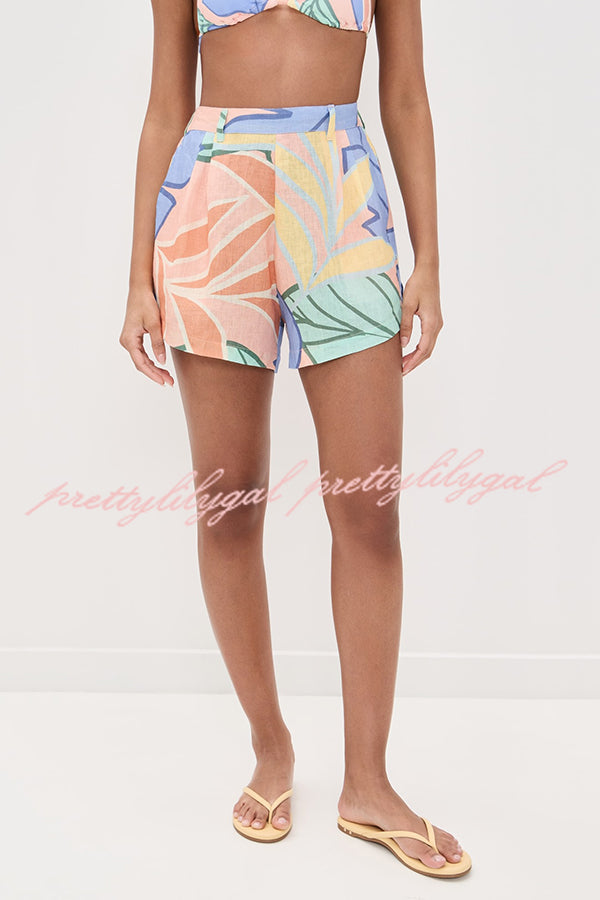 Bella Linen Blend Colorful Unique Print Long Sleeve Blouse and Elastic Waist Pocket Loose Shorts Set