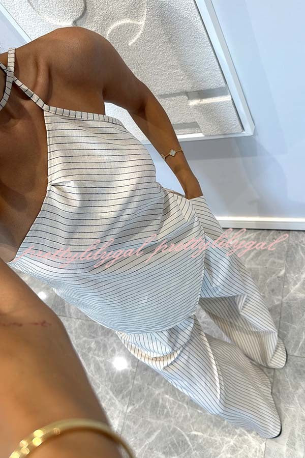 Moriah Striped Thin Strap Halter Neck Scarf Top and Pocketed Wide Leg Pants Set