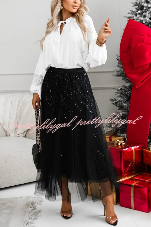Party Daydream Sequin Tulle High Rise Elastic Waist Maxi Skirt