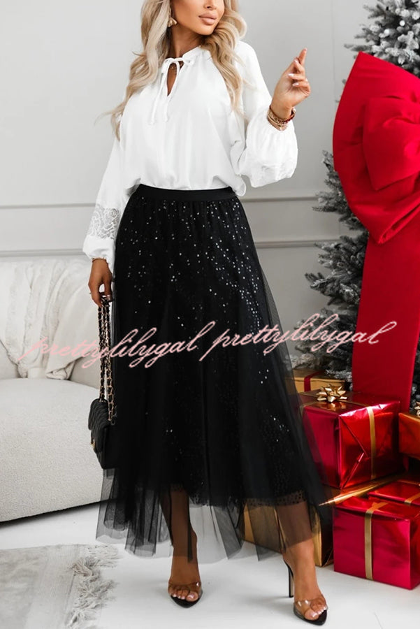 Party Daydream Sequin Tulle High Rise Elastic Waist Maxi Skirt