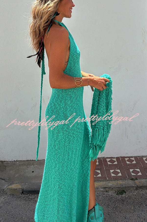 Sexy Backless Halter Neck Slim High Slit Knit Maxi Dress