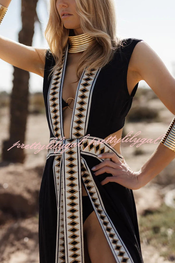 Fashionable Lock-edge Printed V-neck Lace-up Holiday Cover-up Robe