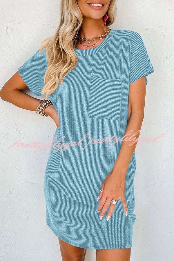 Casual Solid Color Striped Short-sleeved Pocket Mini Dress