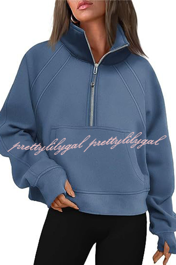 Stylish Patchwork Stand Collar Zippered Loose Pocket Sweatshirt