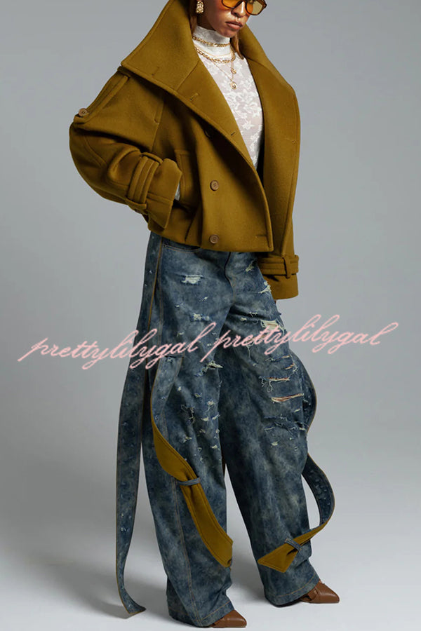 Ellie Epaulettes Stand Neck Double-Breasted Pocket Cropped Loose Woolen Coat
