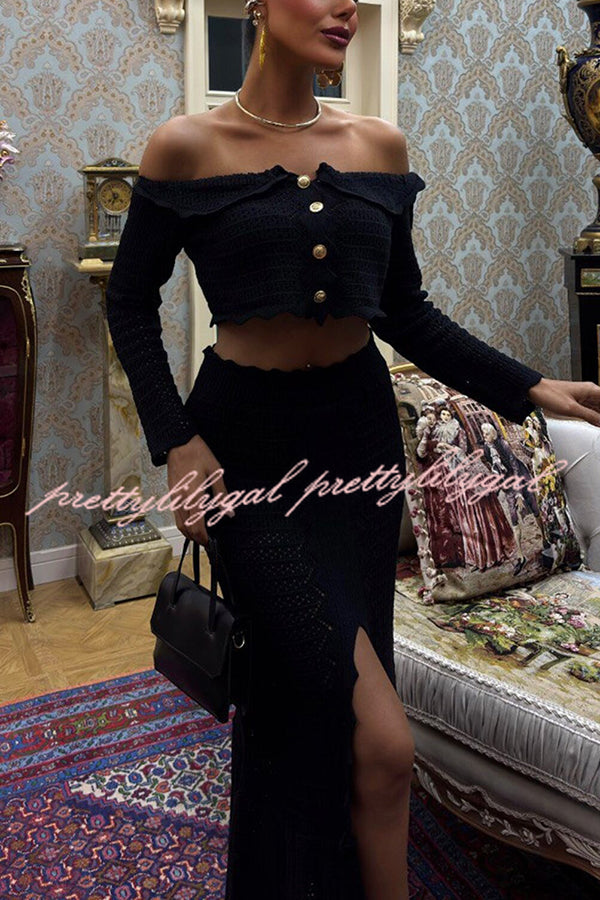 Fashion Knitted Off-the-shoulder Long-sleeved Top and Elastic Slit Maxi Skirt Set