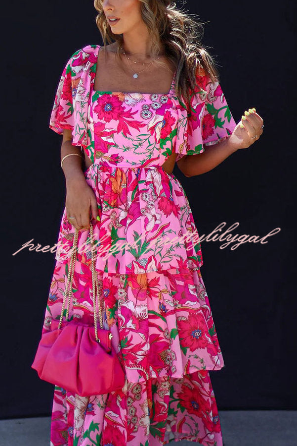 It's All Special Floral Cutout Waist Tiered Midi Dress