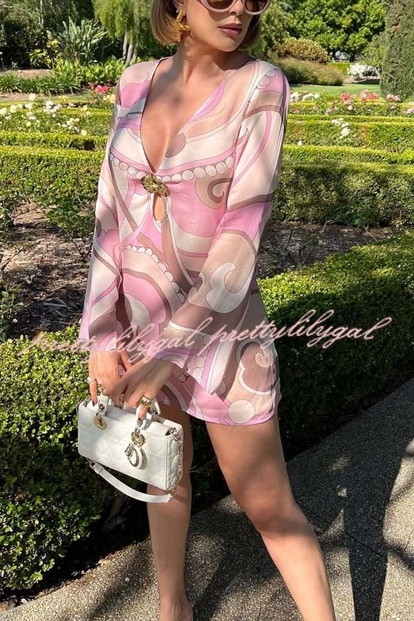 Tinslie Unique Print Metal Flower Cutout Long Sleeve Loose Mini Dress