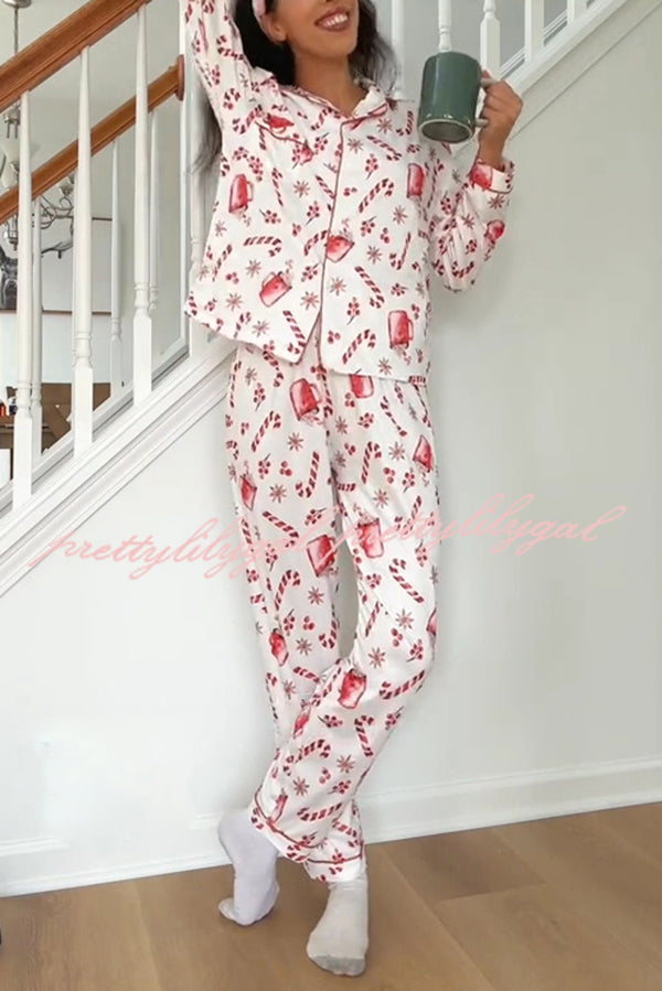 Christmas Candy and Drink Printed Long-sleeved Shirt and Elastic Waist Pocket Pants Set