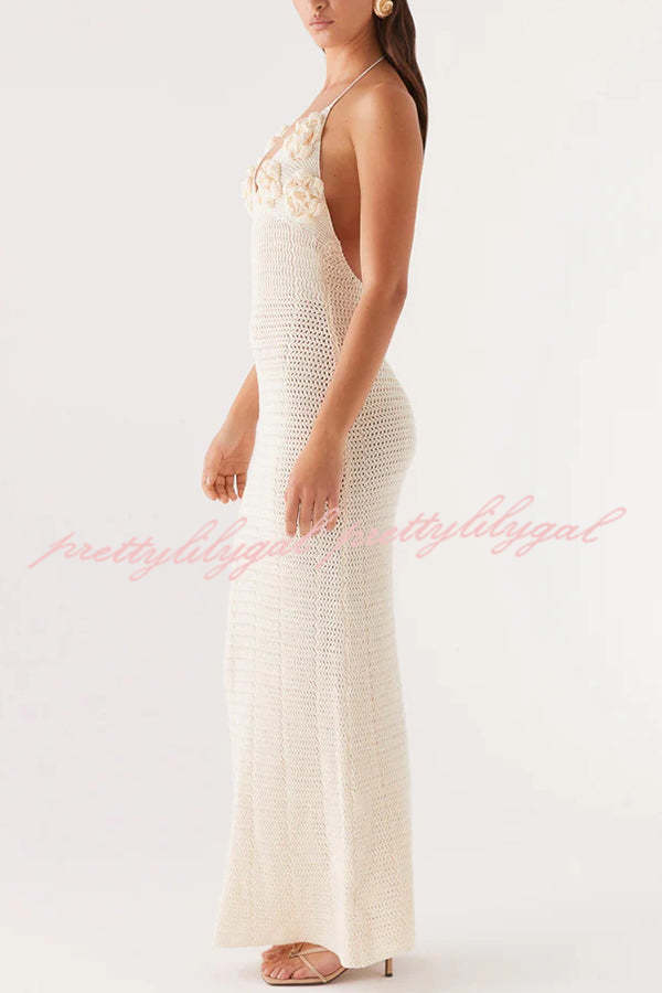 Olivia Crochet Knit Rose Texture Backless Stretch Maxi Dress