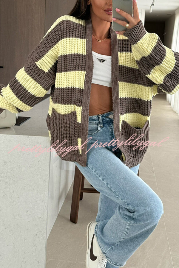 Fashionable Patchwork Striped Casual Pocket Knitted Sweater
