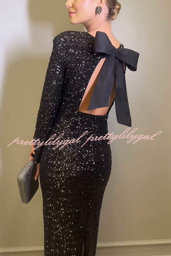 Looking To Party Sequin Padded Shoulder Backless Bow Design Maxi Dress